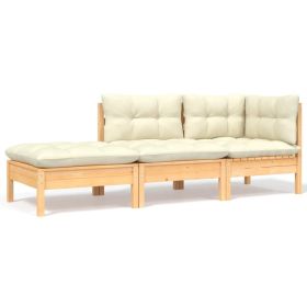 3 Piece Patio Lounge Set with Cream Cushions Solid Pinewood