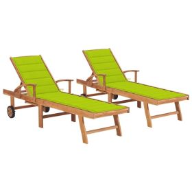 Sun Loungers 2 pcs with Bright Green Cushion Solid Wood Teak