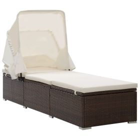 Sun Lounger with Canopy and Cushion Poly Rattan Brown