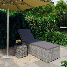 Sun Lounger with Cushion and Tea Table Poly Rattan Gray