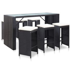 7 Piece Patio Bar Set with Cushions Poly Rattan Black