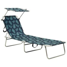 Folding Sun Lounger with Canopy Leaf Print Aluminum