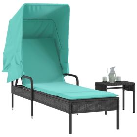 Sun Lounger with Canopy and Table Black Poly Rattan