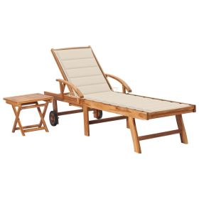 Sun Lounger with Table and Cushion Solid Teak Wood