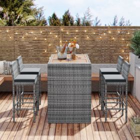 5-pieces Outdoor Patio Wicker Bar Set, Bar Height Chairs With Non-Slip Feet And Fixed Rope, Removable Cushion, Acacia Wood Table Top