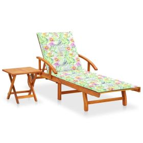 Patio Sun Lounger with Table and Cushion Solid Acacia Wood (Color: Brown)