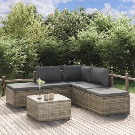 6 Piece Patio Lounge Set with Cushions Gray Poly Rattan (Color: Gray)