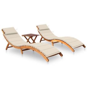 Sun Loungers 2 pcs with Table and Cushions Solid Acacia Wood (Color: Cream)