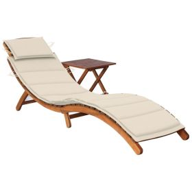 Patio Sun Lounger with Table and Cushion Solid Acacia Wood (Color: Cream)