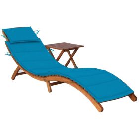 Patio Sun Lounger with Table and Cushion Solid Acacia Wood (Color: Blue)