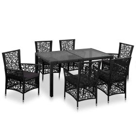 7 Piece Patio Dining Set Poly Rattan Black (Color: Black)