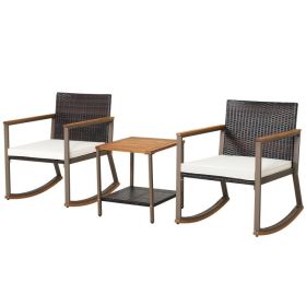 3 Pieces Rattan Rocking Bistro Set with Coffee Table and Cushions (Color: Off White)