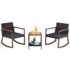 3 Pieces Rattan Rocking Bistro Set with Coffee Table and Cushions