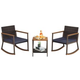 3 Pieces Rattan Rocking Bistro Set with Coffee Table and Cushions (Color: Navy)