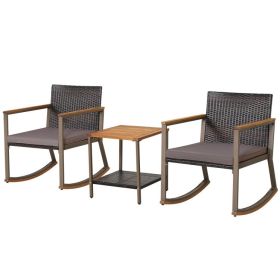 3 Pieces Rattan Rocking Bistro Set with Coffee Table and Cushions (Color: Gray)