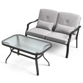 Outdoor Loveseat Chair Set with Coffee Table and Seat Back Cushions (Color: Gray)