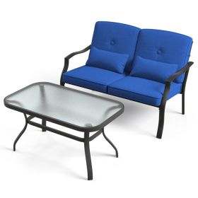 Outdoor Loveseat Chair Set with Coffee Table and Seat Back Cushions (Color: Navy)