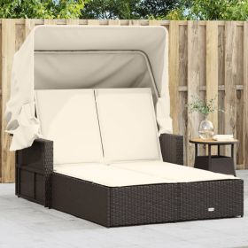 Double Sun Lounger with Canopy and Cushions Brown Poly Rattan (Color: Brown)