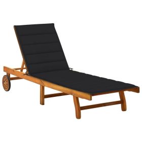 Patio Sun Lounger with Cushion Solid Acacia Wood (Color: Black)