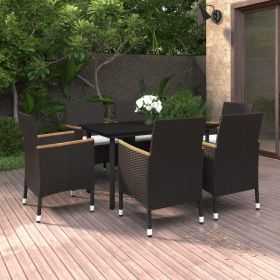 7 Piece Patio Dining Set with Cushions Poly Rattan and Glass (Color: Black)