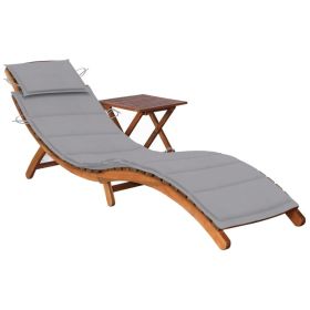 Patio Sun Lounger with Table and Cushion Solid Acacia Wood (Color: Gray)