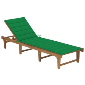 Folding Sun Lounger with Cushion Solid Acacia Wood (Color: Green)