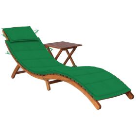 Patio Sun Lounger with Table and Cushion Solid Acacia Wood (Color: Green)