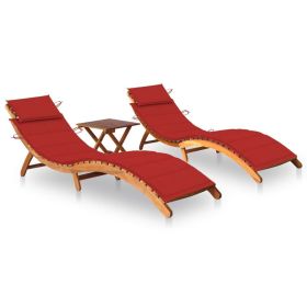 Sun Loungers 2 pcs with Table and Cushions Solid Acacia Wood (Color: Red)