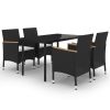 5 Piece Patio Dining Set with Cushions Poly Rattan and Glass